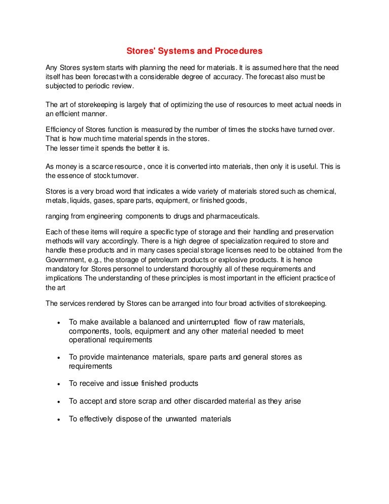 Store system and procedures