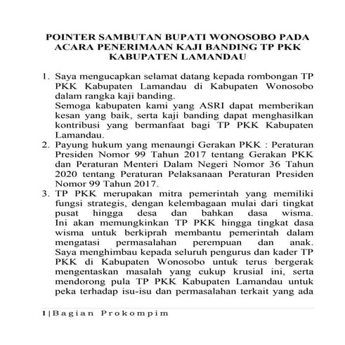 29 sept, sambutan bupati penerimaan kaji banding tp pkk lamandau