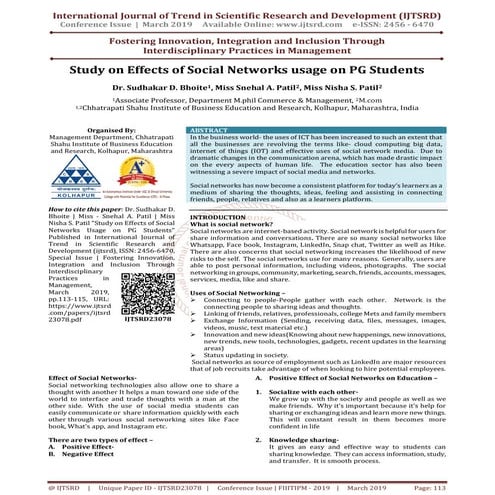 Study on Effects of Social Networks Usage on PG Students | PDF