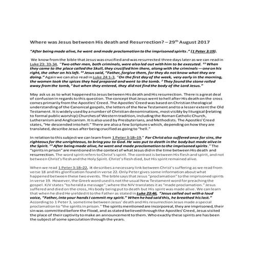 29th August 2017  - Where was Jesus between his Death and Resurrection?