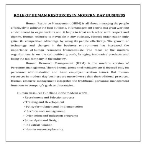 Role of HR in the modern business and EEO
