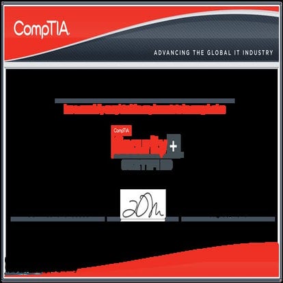 CompTIA Security+ (2008 edition) certificate