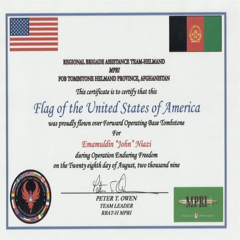 Mr. Peter T. Owen FLag CERTIFICATE | PPT for Free Printable Flag Flown Certificate Template