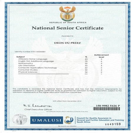 National Senior Certificate - D du Preez | PDF