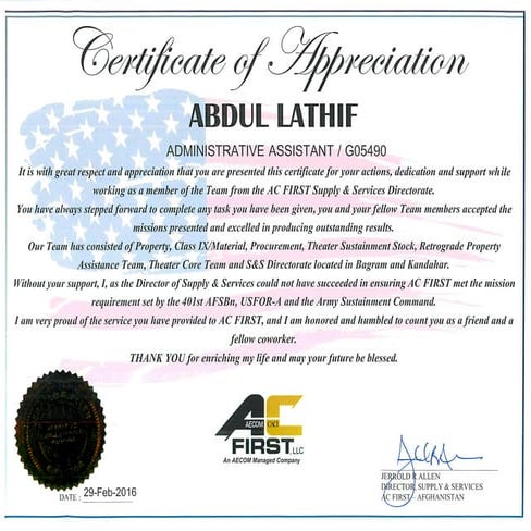 AC FIRST - Appreciation Cert