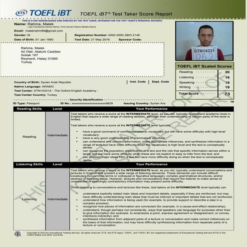 TOEFL IBT score report- Malek Rahma