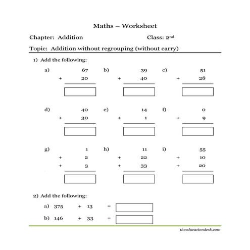 Maths: Addition Worksheet (CBSE Grade II)