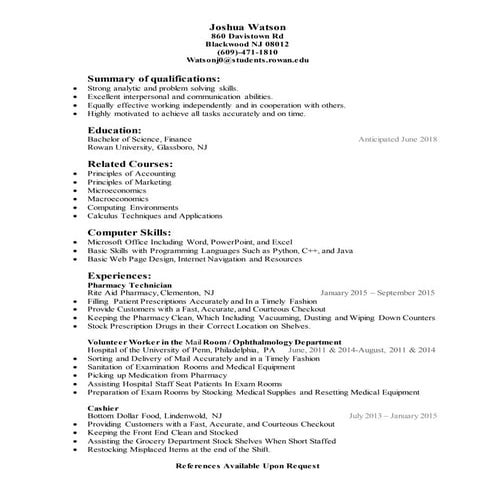 Joshua Watson rowan resume