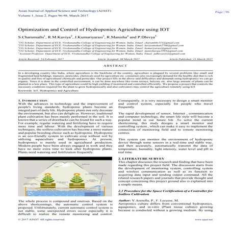 Optimization and Control of Hydroponics Agriculture using IOT