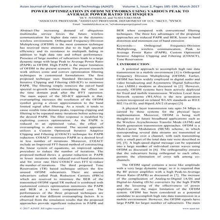 POWER OPTIMIZATION IN OFDM NETWORKS USING VARIOUS PEAK TO AVERAGE POWER RATIO...