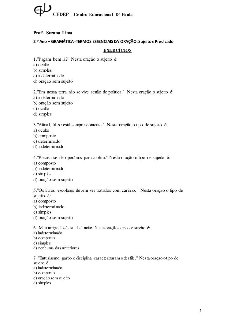 Exercicios Termos Essenciais Da Oração Sujeito E Predicado