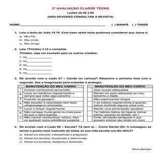 2ª Avaliação EBD Classe Teen