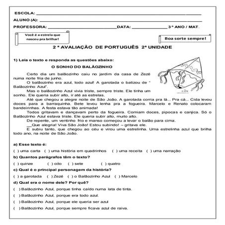 2ª avaliação de portugues 2ª  unidade 2015