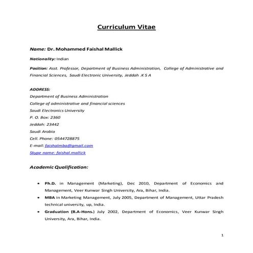 CV of Dr.Mohammed Faishal Mallick