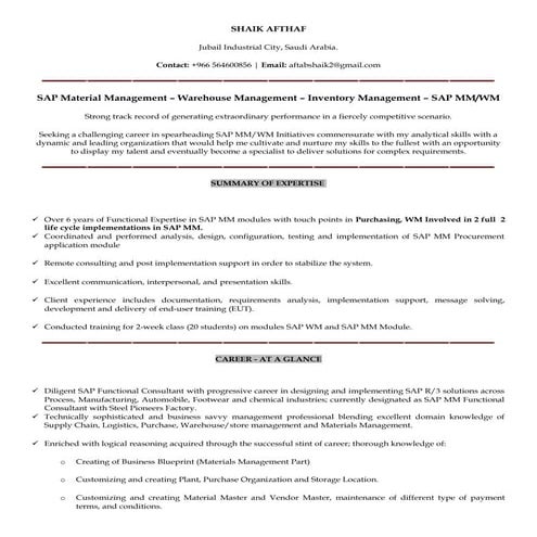 SHAIK AFTHAF SAP MM-WM CONSULTANT RESUME