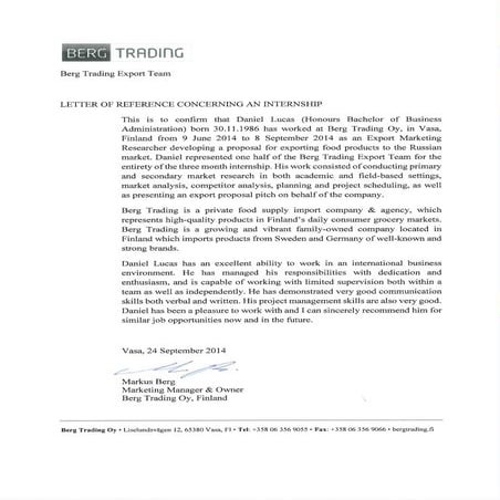 Berg Trading Oy - Letter of Reference | PDF