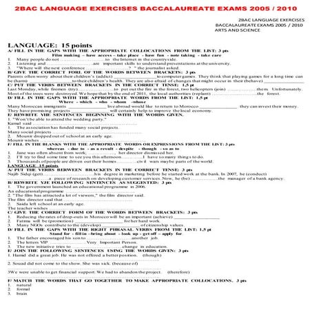 2 bac language exercises baccalaureate exams  2005 till 2010
