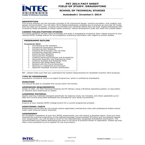INTEC Autodesk Inventor 2014 Certification