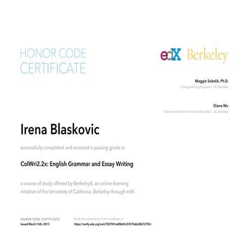 Certificate - English Grammar and Essay Writing