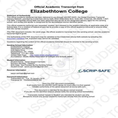 Elizabethtown College Official Transcript (eVersion)