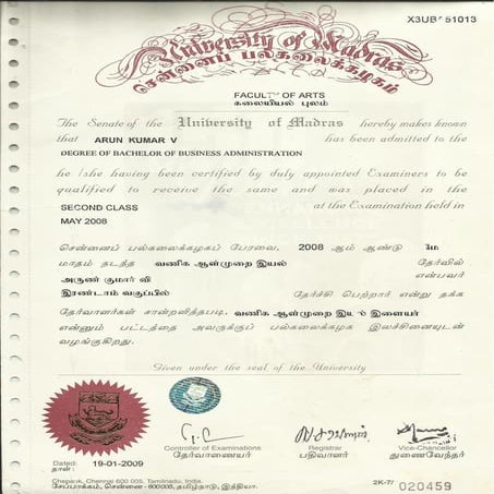 Arun BBA Certificate | PDF