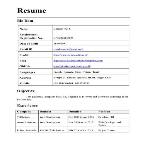 Resume upto august 2016