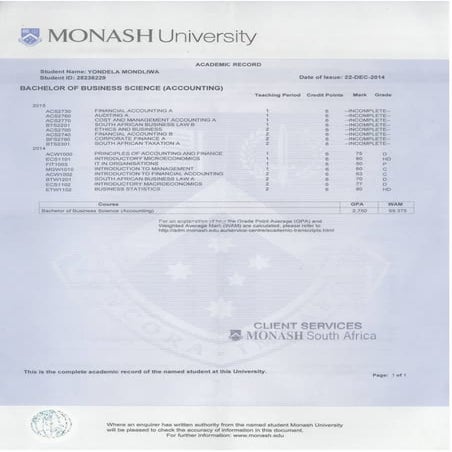 First Year Academic Transcript Pdf
