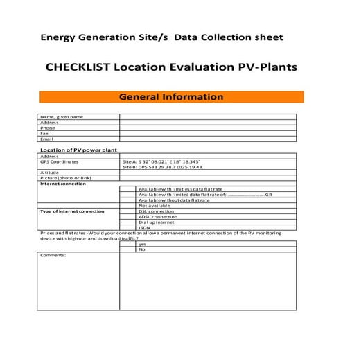 Energy Generation Site DATA  and Evaluation