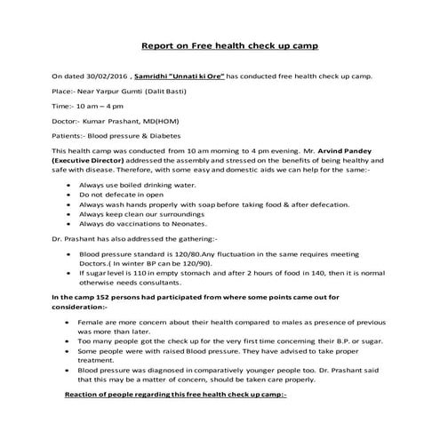 report on Health Camp | DOCX