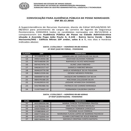 2ª CONVOCAÇÃO PARA À AUDIÊNCIA PÚBLICA DE POSSE ASP/ASE 2013.