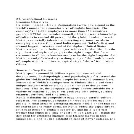 2 Cross-Cultural BusinessLearning ObjectivesHelsinki, Finland—.docx