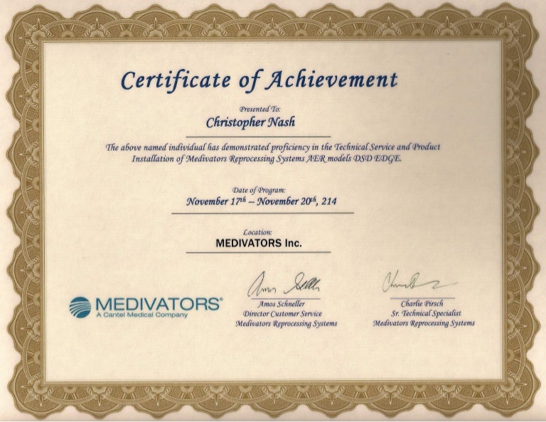 Medivators Training Certificate Medivators Training Certificate
