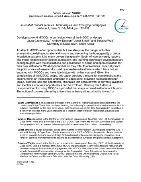 Developing world MOOCs: A curriculum view of the MOOC landscape in Journal of...