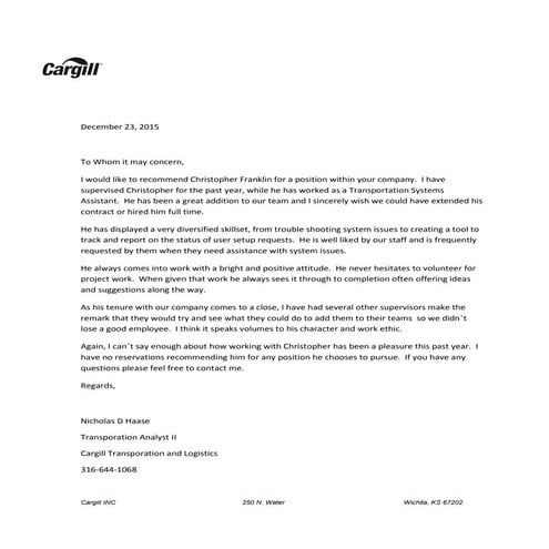 Cargill Letter of Recommendation - Nick Haase | PDF
