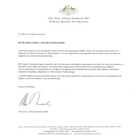 Philip Ruddock MP Reference - Marc Taylor | PDF