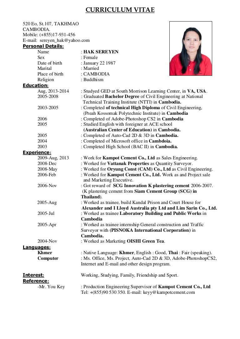 100 Curriculum Vitae Sample In English Doc Hak Sereyen Cv