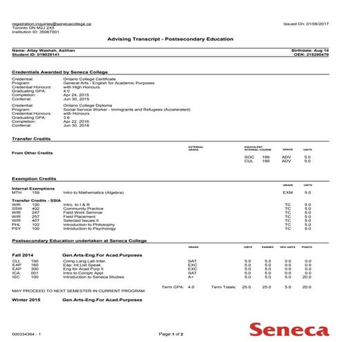 Trancript Seneca College-Aslihan Altay | PDF