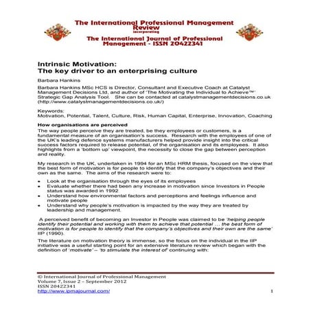 IJPM 7-2 Sep 2012 - Intrinsic Motivation - Barbara Hankins