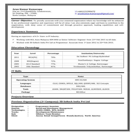 Arun Kumar AS400 Profile | DOCX