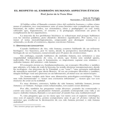 El Respeto al embrión humano.