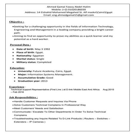 Ahmed Gamal Fawzy Resume updated after vodafone