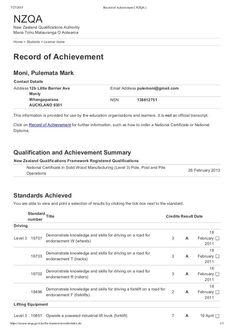 Record of Achievement [ NZQA ]