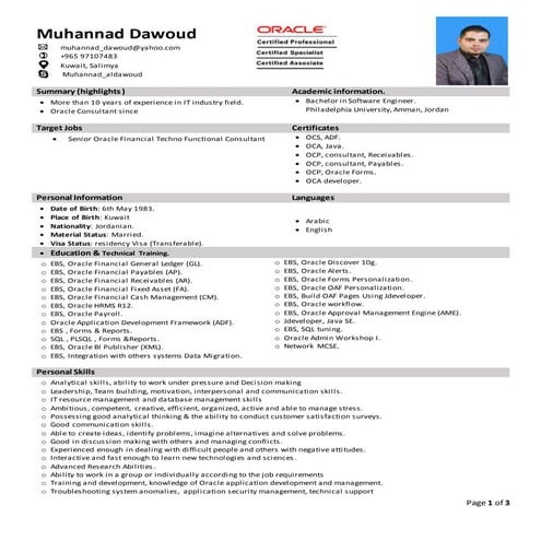 CV  - Senior Oracle Financial  HRMS Techno-Functional Consultant