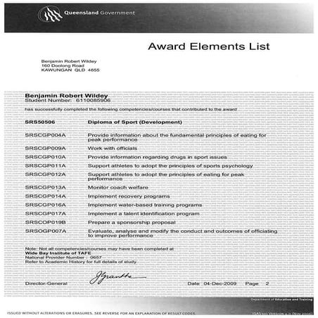Diploma of Sport (Development) SRS50506 TAFE Transcript P2 | PDF