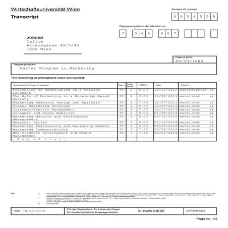 WU transcript - MSc Marketing | PDF
