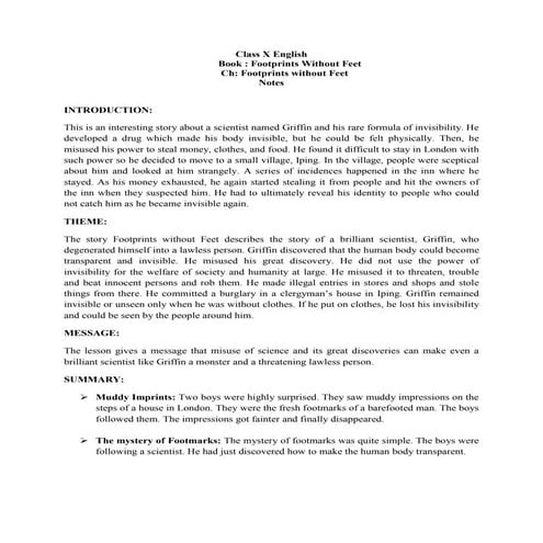 Footprints Without Feet HG Wells CBSE English X NCERT