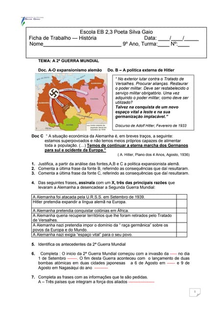 Ficha de trabalho da 2ª Guerra Mund...