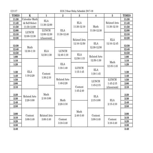 2 hr. delay subject sched 17 18