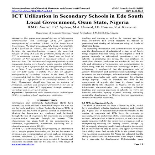 ICT Utilization in Secondary Schools in Ede South Local Government, Osun Stat...