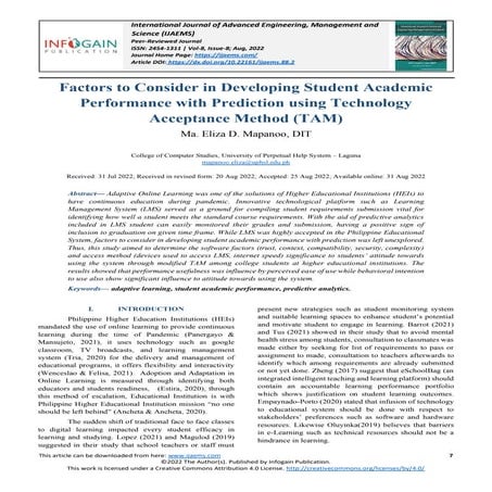 Factors to Consider in Developing Student Academic Performance with Predictio...